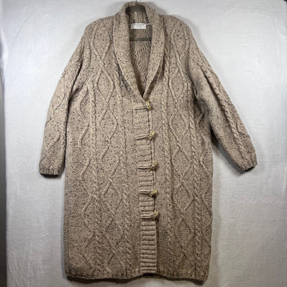 Liz Claiborne Woman Petite Cable Knit Toggle Cardigan Sweater Beige Marl Duster